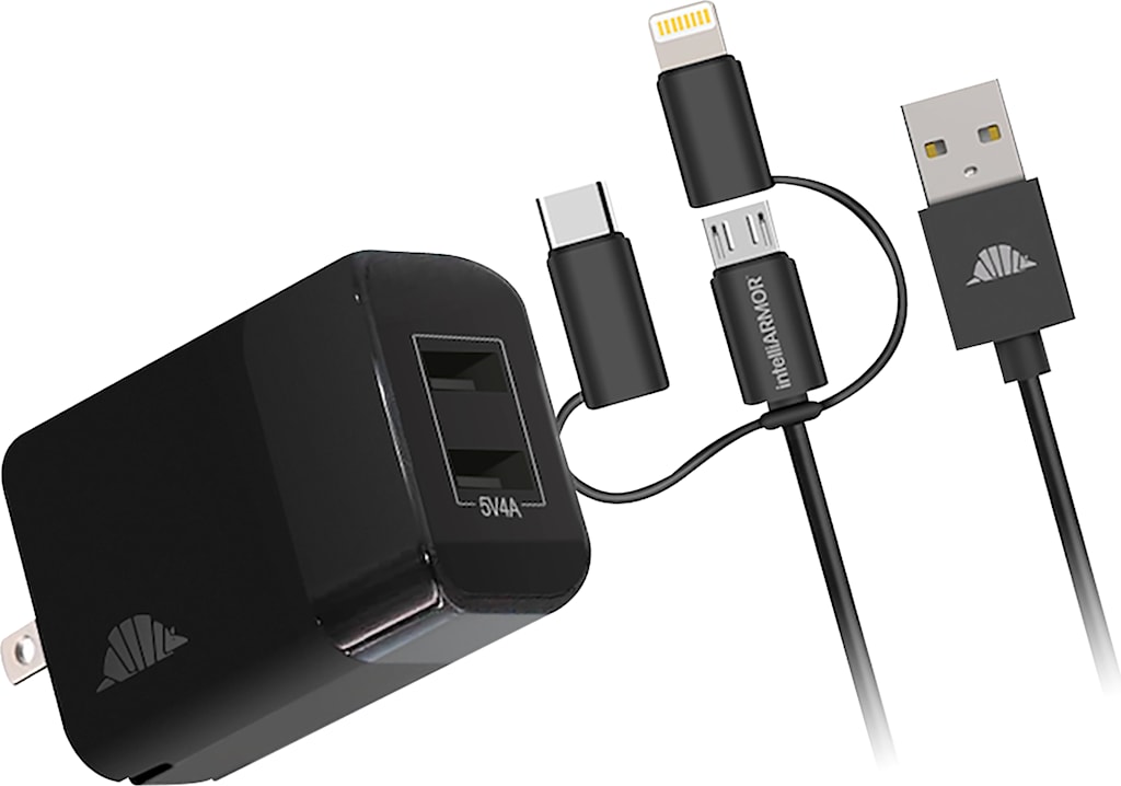 intelliARMOR 2 Port USB Wall Charger & 3-in-1 Cable, Black