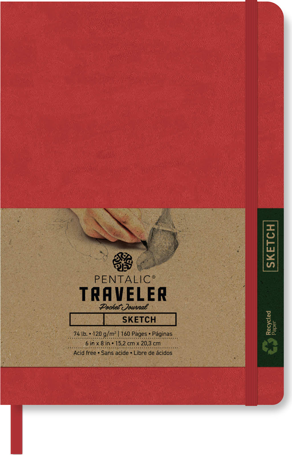 Pentalic Red 8x6 74 lb. (120 gsm) Sketch Traveler Pocket Journal 160 Page Book