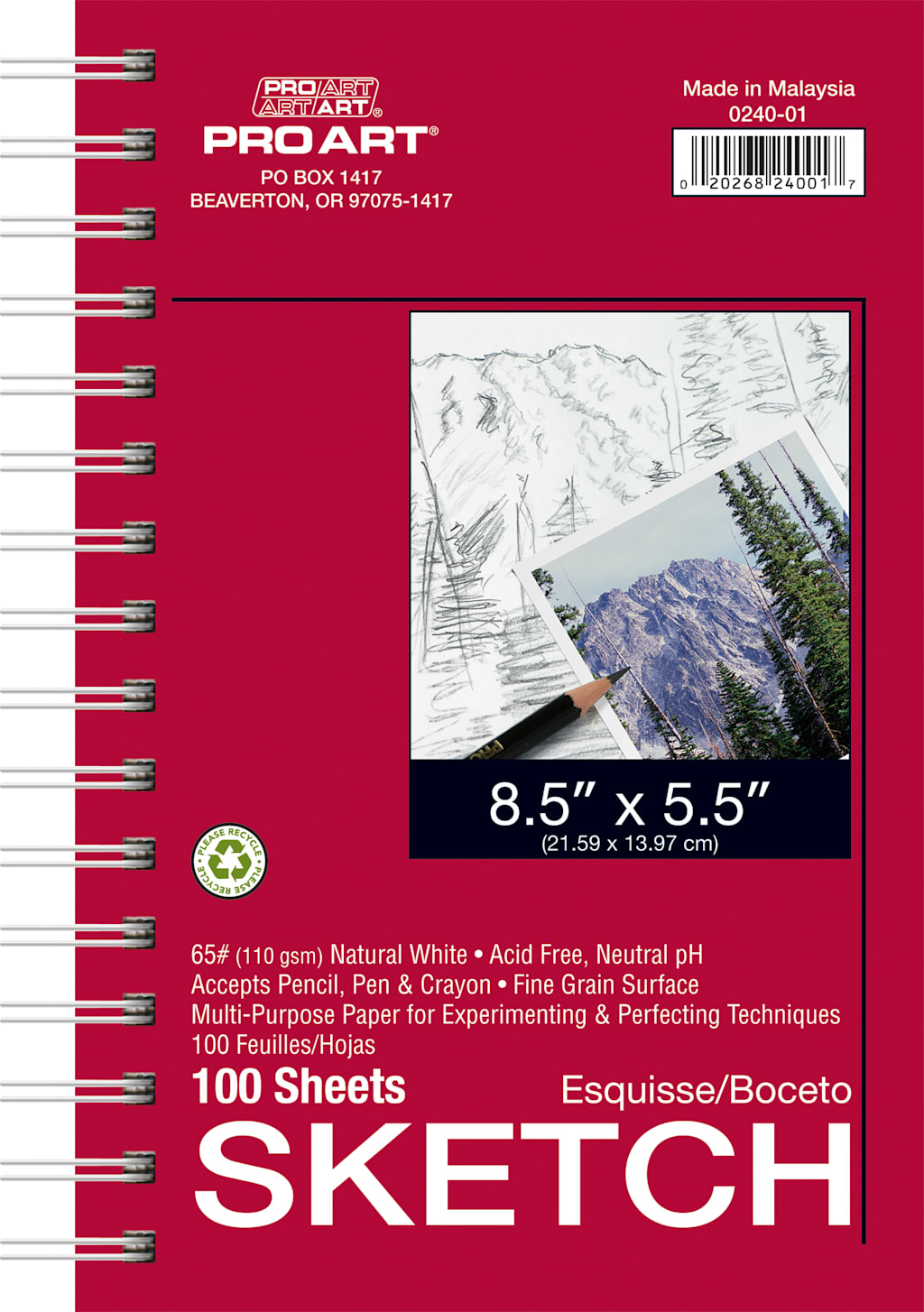 Pro Art 5.5x8.5 60 lb. Sketch Paper 100 Sheet Side Spiral Pad