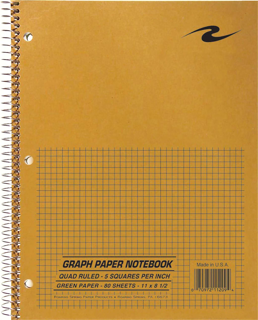 5x5 Graph Ruled 11x8.5 Inch Spiral Lab Notebook with Brown Kraft Cover and 80 Sheets of Green Paper