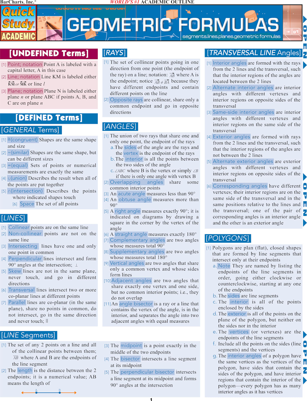 Geometric Formulas Laminate Reference Chart : Segments, Lines, Planes, Geometric Formulas