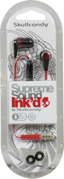 EARBUDS INKD MIC SKULL BLACK/RED