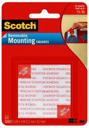 Scotch Removable Mounting Squares 1  x 1  White 16/Pack