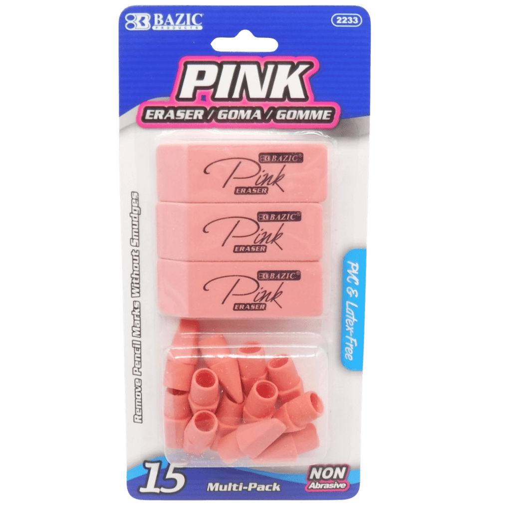 BAZIC Pink Erasers Bevel + Pencil Top Erasers Set  15-Count