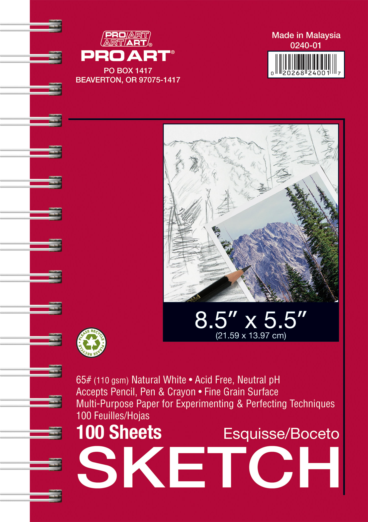 Pro Art 5.5x8.5 60 lb. Sketch Paper 100 Sheet Side Spiral Pad