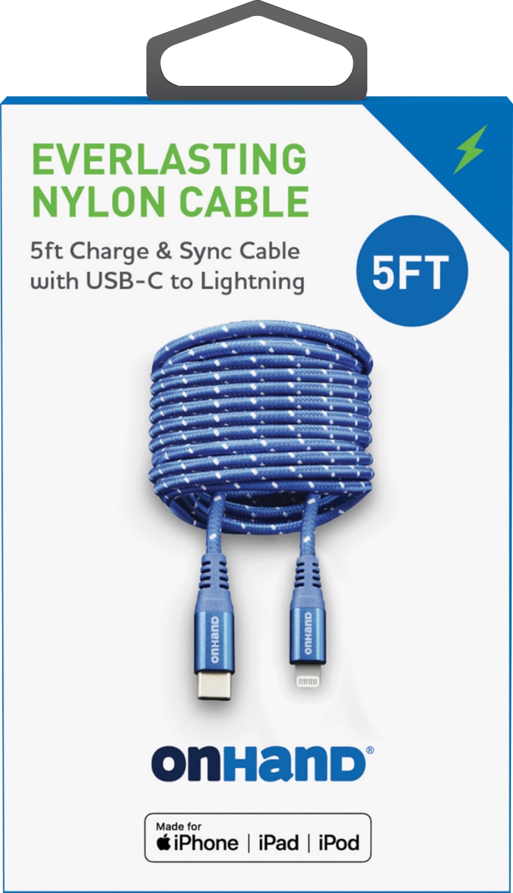 OnHand Everlasting Nylon Charge and Sync Cable 5 ft, Blue - ONLINE ONLY