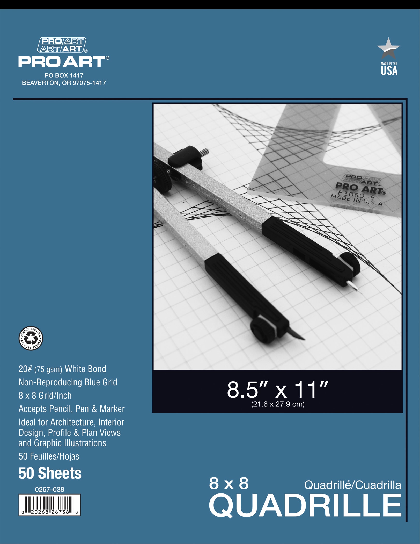 Pro Art 8.5x11 20 lb. 8x8 Grid Quadrille Paper 50 Sheet Tape Bound Pad