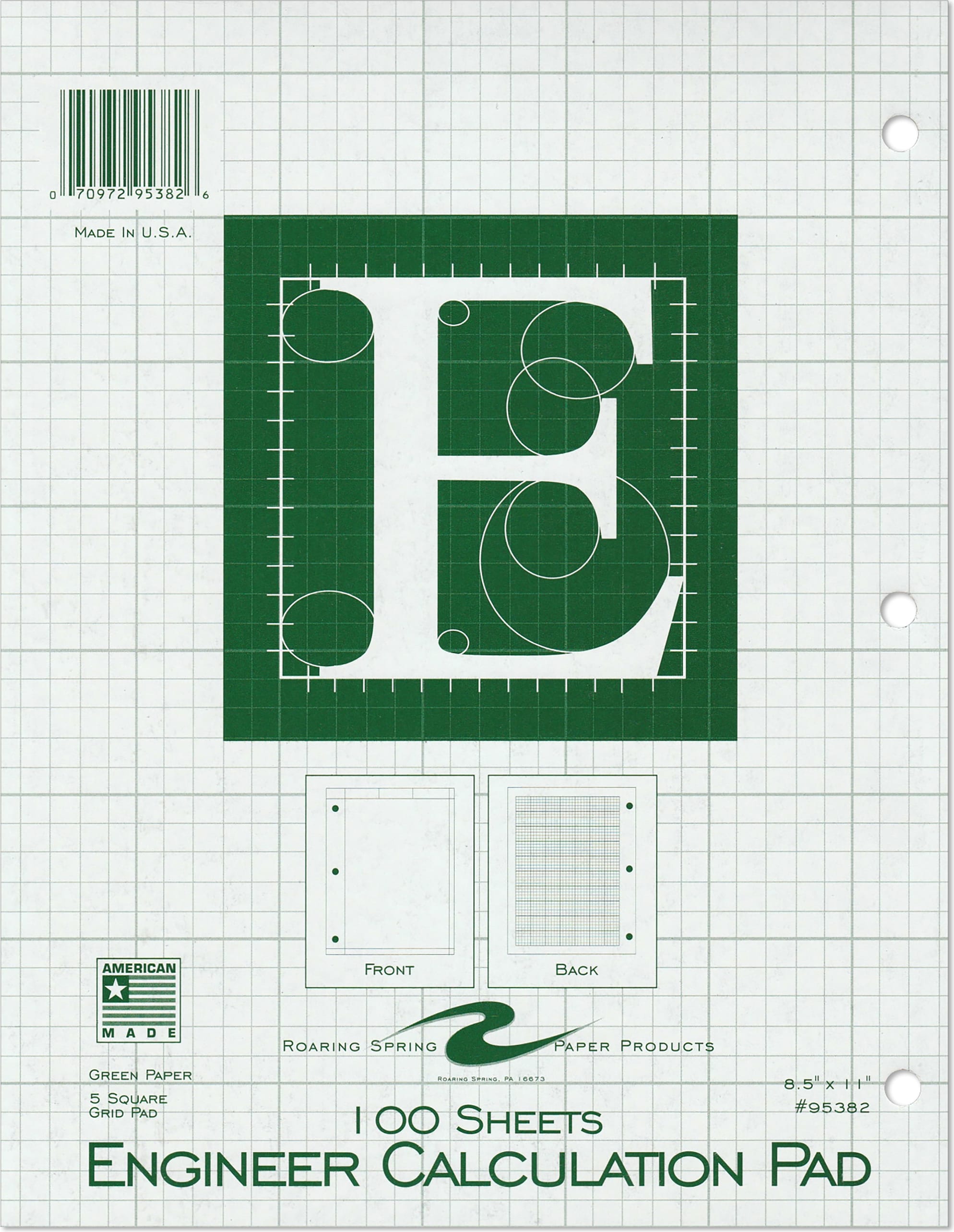 5x5 Grid Engineering Pad 15# Green 3 Hole Punched 8.5 IN x 11 IN 100 Sheets Green Paper