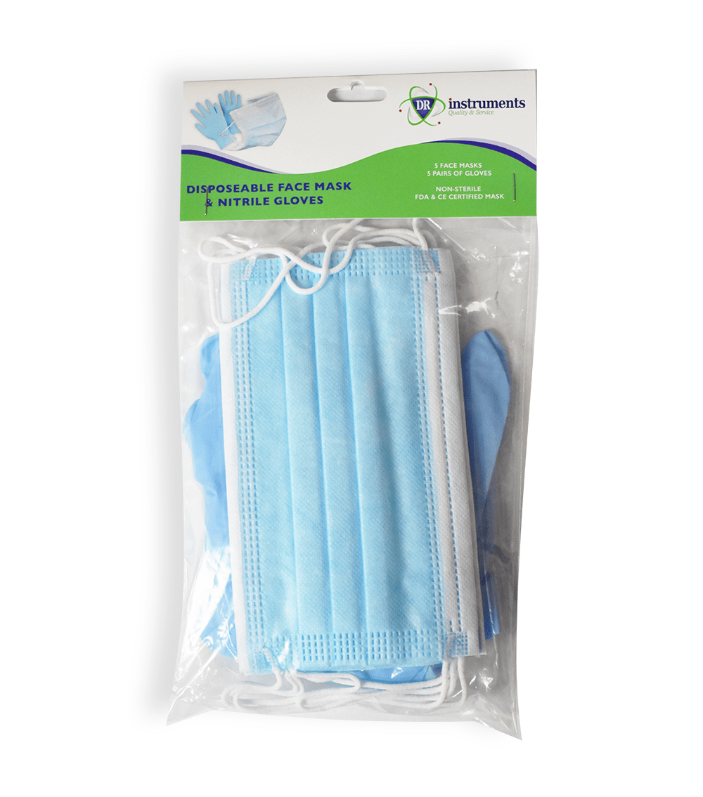 Safety Pack 5 face mask, 5 pairs of Nitrile Gloves, Large