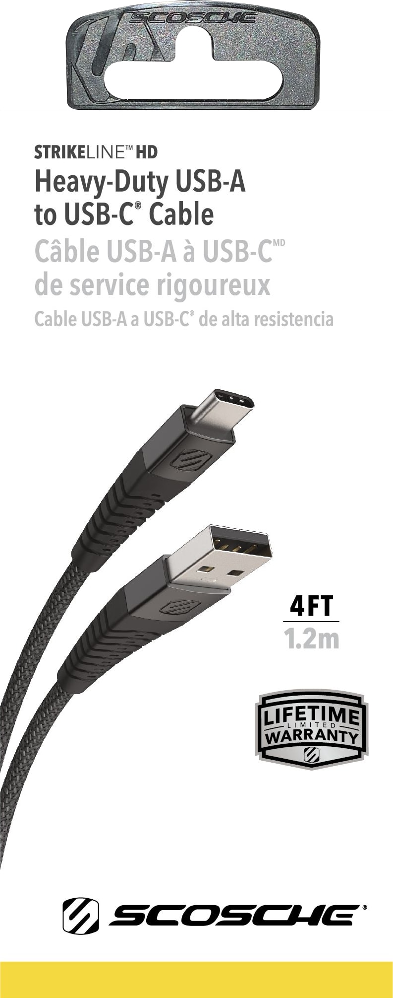 Scosche Strikeline Heavy Duty Premium USB Charge and Sync Cable 4ft USB-A to USB-C, Black - ONLINE ONLY