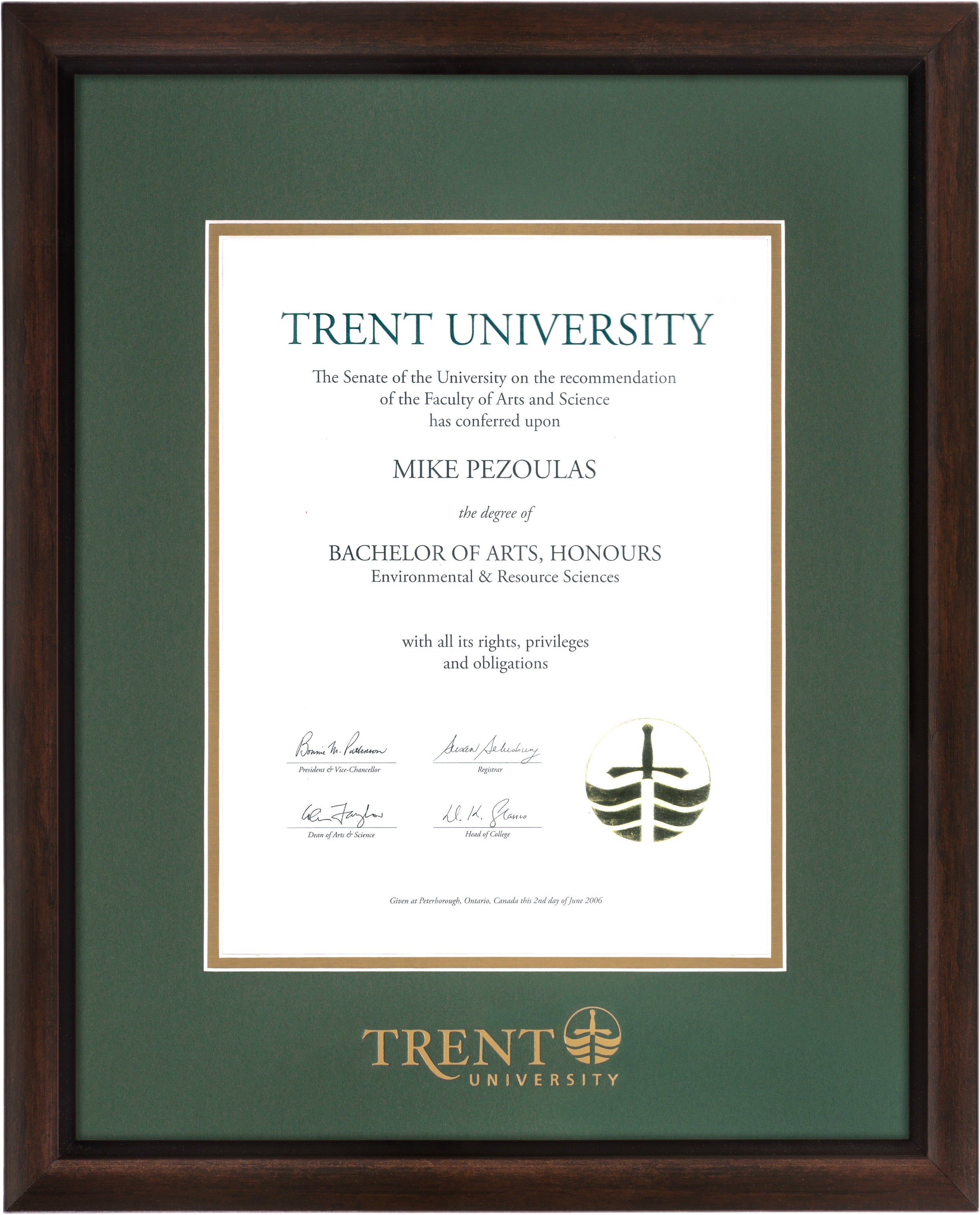Trent University Richmond Diploma Frame 15 x 19