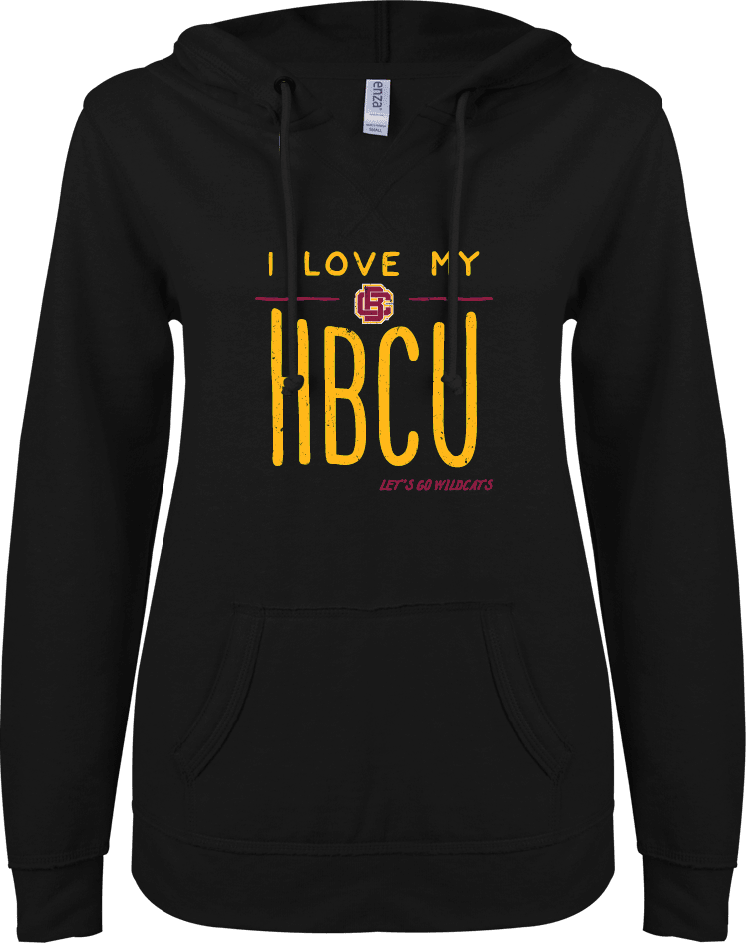 Bethune Cookman ENZA Ladies V Notch Raw Edge Fleece Hoodie I LOVE MY HBCU - ONLINE ONLY
