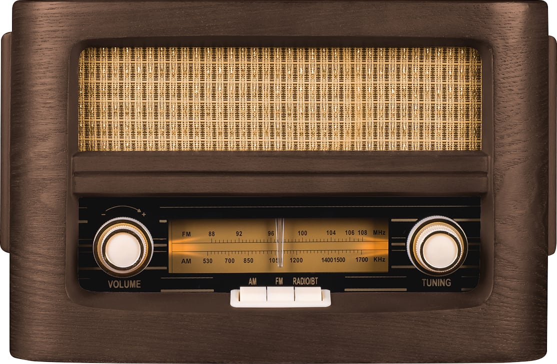 Fuse Audio VINT Retro AM/FM Radio with Bluetooth & Qi Wireless Charger 5.8x7.87x12.2in, Medium Brown