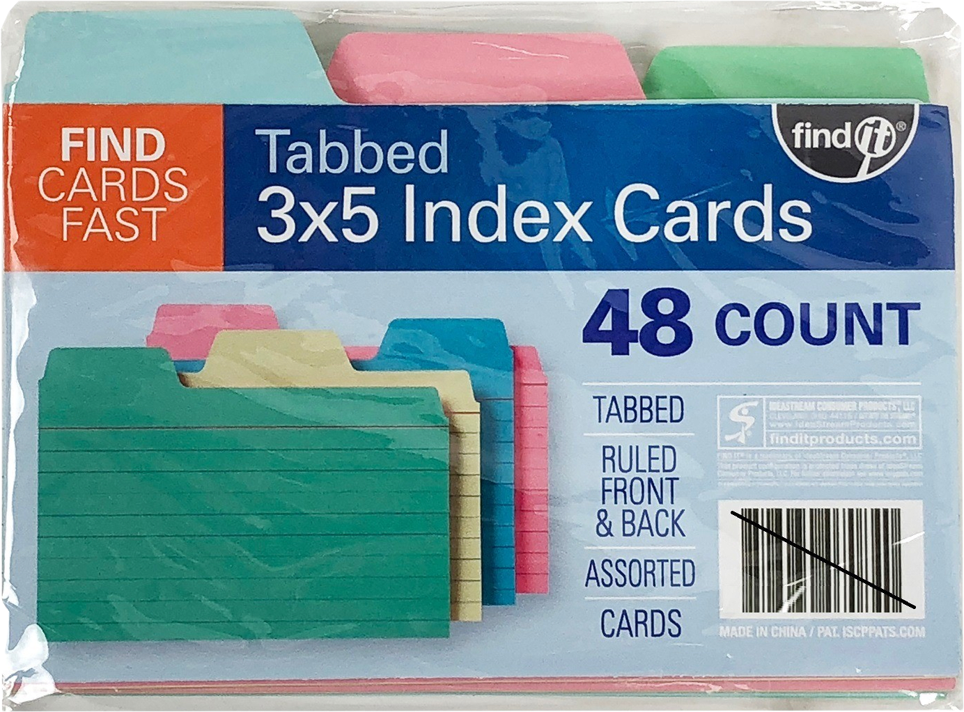Find It  3  x 5  Tabbed Index Cards  Narrow Ruled  Assorted Colors  48 Piece