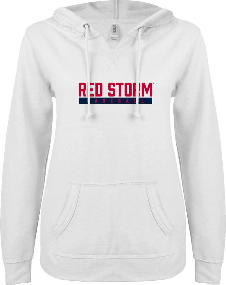 St. Johns ENZA Ladies V Notch Raw Edge Fleece Hoodie Baseball Bar Design - ONLINE ONLY