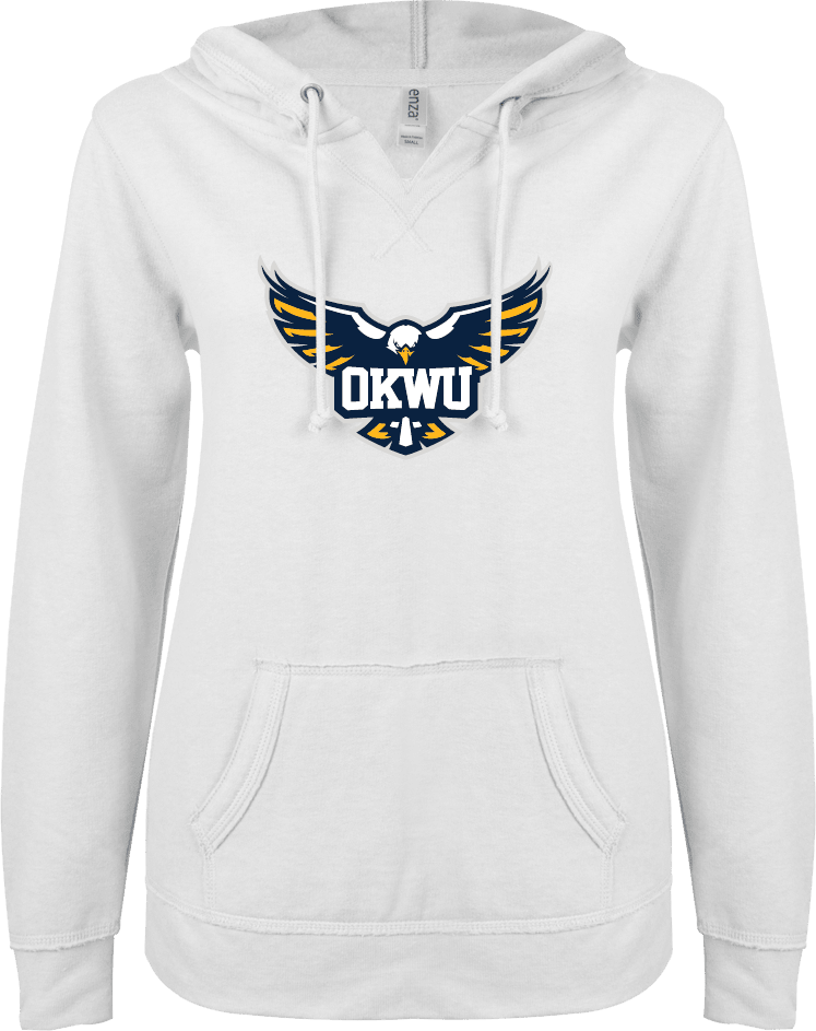 Oklahoma Wesleyan ENZA Ladies V Notch Raw Edge Fleece Hoodie Primary Eagle - ONLINE ONLY