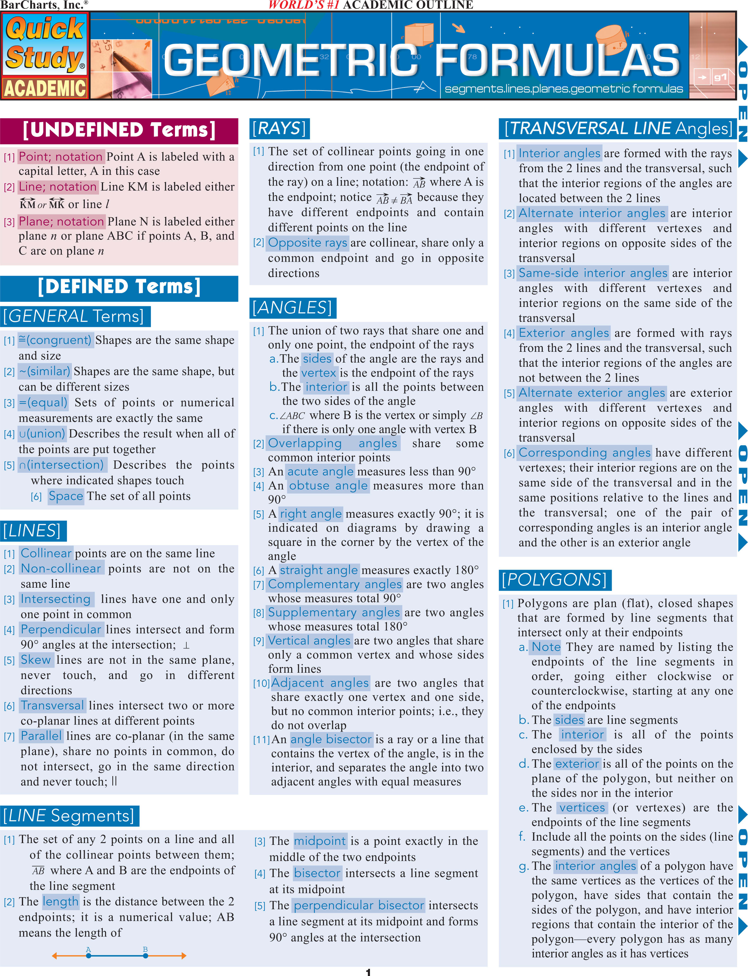 Geometric Formulas Laminate Reference Chart : Segments, Lines, Planes, Geometric Formulas