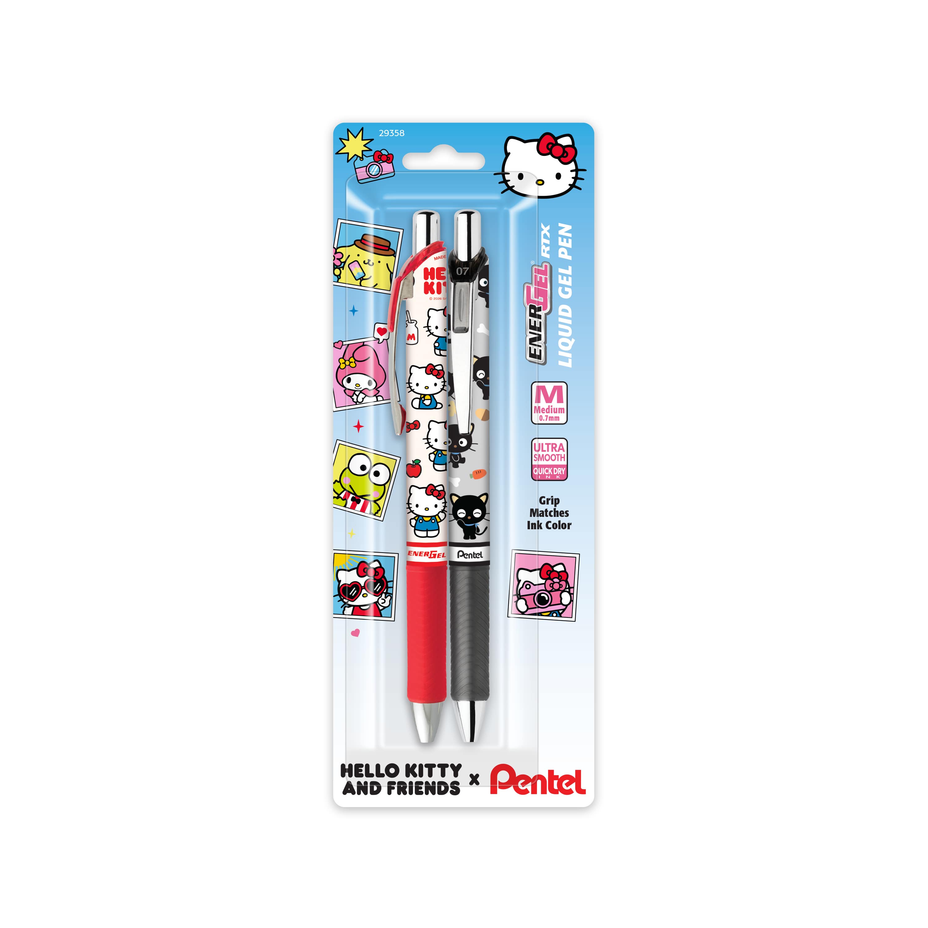 EnerGel RTX Liquid Gel, Hello Kitty & Friends, Limited Edition, (0.7mm) Metal Tip, Med. Line, Asstd Ink, 2-Pk