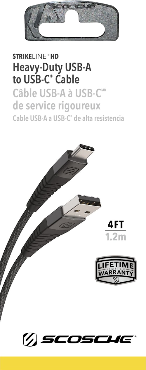Scosche Strikeline Heavy Duty Premium USB Charge and Sync Cable 4ft USB-A to USB-C, Black - ONLINE ONLY