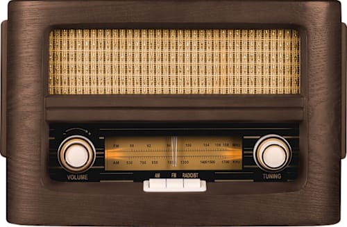 Fuse Audio VINT Retro AM/FM Radio with Bluetooth & Qi Wireless Charger 5.8x7.87x12.2in, Medium Brown